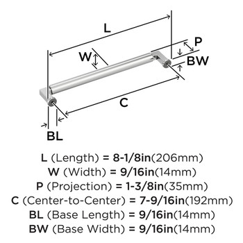 Amerock, Balon, 7 9/16" (192mm) Straight Pull, Polished Chrome - technical