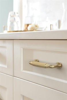 Amerock, Cowrie, 3" (76mm) Straight Pull, Golden Champagne - installed 1 Amerock, Cowrie, 3" (76mm) Straight Pull, Golden Champagne - installed 1