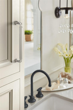Amerock, Cowrie, 6 5/16" (160mm) Straight Pull, Satin Nickel - installed 1 Amerock, Cowrie, 6 5/16" (160mm) Straight Pull, Satin Nickel - installed 1