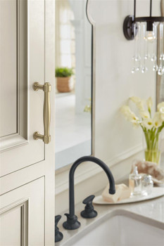 Amerock, Enlivity, 3 3/4" (96mm) Straight Pull, Golden Champagne - installed 1 Amerock, Enlivity, 3 3/4" (96mm) Straight Pull, Golden Champagne - installed 1