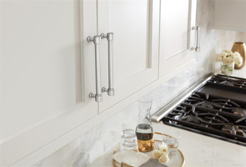 Amerock, Faircrest, 3 3/4" (96mm) Straight Pull, Polished Chrome - installed 1 Amerock, Faircrest, 3 3/4" (96mm) Straight Pull, Polished Chrome - installed 1