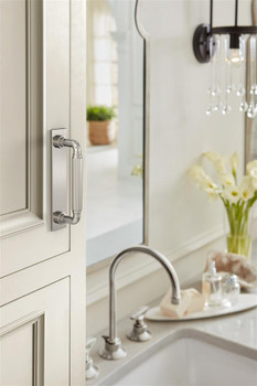 Amerock, Ladera, 3 3/4" (96mm) Pull Backplate, Polished Nickel - installed 1 Amerock, Ladera, 3 3/4" (96mm) Pull Backplate, Polished Nickel - installed 1
