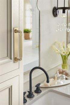 Amerock, Ladera, 5 1/16" (128mm) Pull Backplate, Golden Champagne - installed 1 Amerock, Ladera, 5 1/16" (128mm) Pull Backplate, Golden Champagne - installed 1