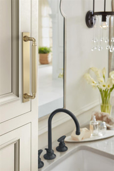 Amerock, Ladera, 6 5/16" (160mm) Pull Backplate, Golden Champagne - installed 1 Amerock, Ladera, 6 5/16" (160mm) Pull Backplate, Golden Champagne - installed 1