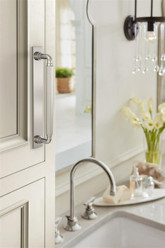Amerock, Ladera, 6 5/16" (160mm) Pull Backplate, Polished Nickel - installed 1 Amerock, Ladera, 6 5/16" (160mm) Pull Backplate, Polished Nickel - installed 1