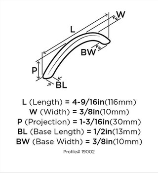 Amerock, Stainless Steel, 3 3/4" (96mm) Curved Pull, Stainless Steel - technical front