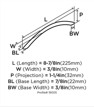 Amerock, Stainless Steel, 7 9/16" (192mm) Curved Pull, Stainless Steel - technical front