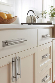 Amerock, Thoreau, 6 5/16" (160mm) Pull Backplate, Satin Nickel - installed 1 Amerock, Thoreau, 6 5/16" (160mm) Pull Backplate, Satin Nickel - installed 1