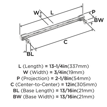 Amerock, Fairfax, 12" (305mm) Straight Appliance Pull, Polished Chrome - technical