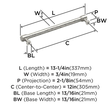Amerock, Fairfax, 12" (305mm) Straight Appliance Pull, Satin Nickel - technical