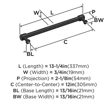 Amerock, Fairfax, 12" (305mm) Straight Appliance Pull, Matte Black - technical