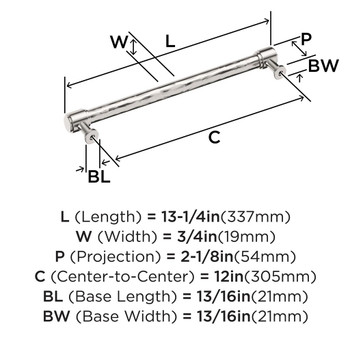 Amerock, Fairfax, 12" (305mm) Straight Appliance Pull, Polished Nickel - technical
