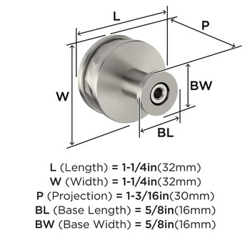 Amerock, Fairfax, 1 1/4" (32mm)  Round Knob, Satin Nickel - technical