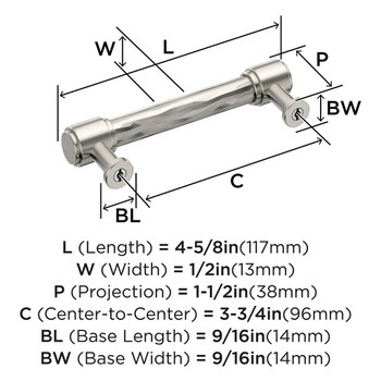 Amerock, Fairfax, 3 3/4" (96mm) Straight Pull, Satin Nickel - technical