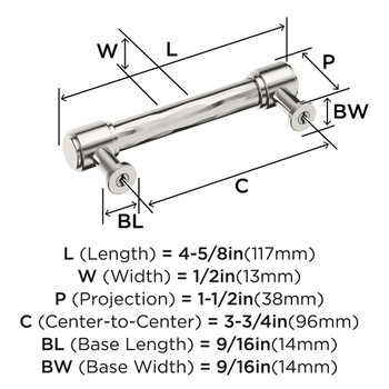 Amerock, Fairfax, 3 3/4" (96mm) Straight Pull, Polished Nickel - technical
