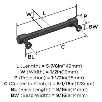 Amerock, Fairfax, 5 1/16" (128mm) Straight Pull, Matte Black - technical