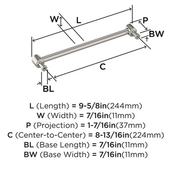 Amerock, Dupont Circle, 8 13/16" (224mm) Straight Pull, Polished Nickel - technical