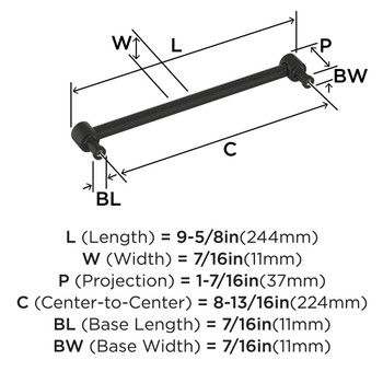 Amerock, Dupont Circle, 8 13/16" (224mm) Straight Pull, Matte Black - technical