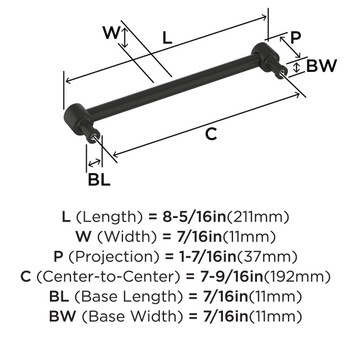 Amerock, Dupont Circle, 7 9/16" (192mm) Straight Pull, Matte Black - technical