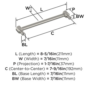 Amerock, Dupont Circle, 7 9/16" (192mm) Straight Pull, Satin Nickel - technical