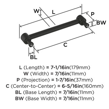 Amerock, Dupont Circle, 6 5/16" (160mm) Straight Pull, Matte Black - technical