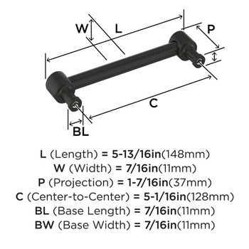 Amerock, Dupont Circle, 5 1/16" (128mm) Straight Pull, Matte Black - technical