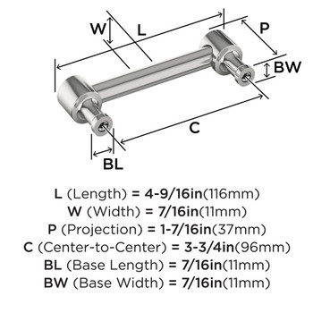Amerock, Dupont Circle, 3 3/4" (96mm) Straight Pull, Polished Chrome - technical