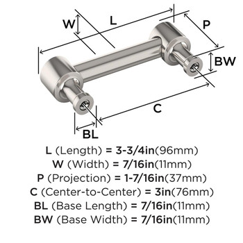 Amerock, Dupont Circle, 3" (76mm) Straight Pull, Polished Nickel - technical