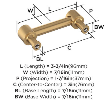 Amerock, Dupont Circle, 3" (76mm) Straight Pull, Champagne Bronze - technical