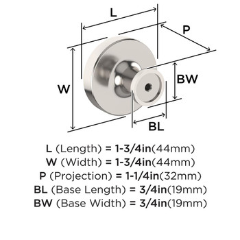 Amerock, Dupont Circle, 1 3/4" Round Knob, Polished Nickel - technical