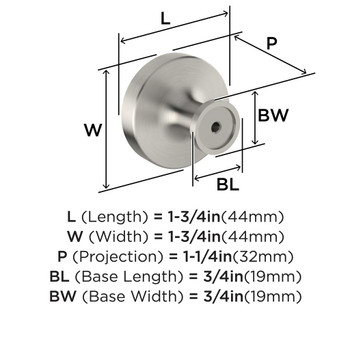 Amerock, Dupont Circle, 1 3/4" Round Knob, Satin Nickel - technical