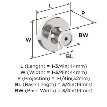 Amerock, Dupont Circle, 1 3/4" Round Knob, Polished Chrome - technical