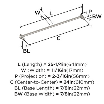 Amerock, Dupont Circle, 24" Straight Appliance Pull, Polished Nickel - technical