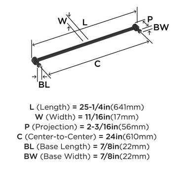 Amerock, Dupont Circle, 24" Straight Appliance Pull, Matte Black - technical