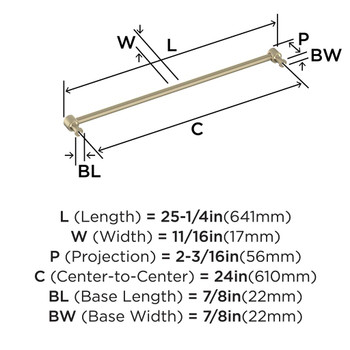 Amerock, Dupont Circle, 24" Straight Appliance Pull, Golden Champagne - technical