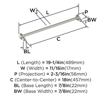 Amerock, Dupont Circle, 18" Straight Appliance Pull, Polished Chrome - technical