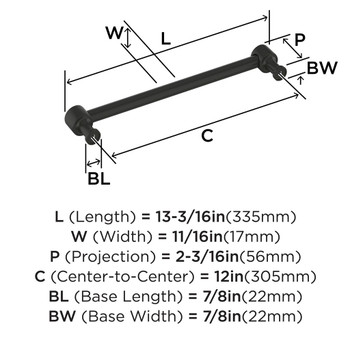 Amerock, Dupont Circle, 12" (305mm) Straight Appliance Pull, Matte Black - technical