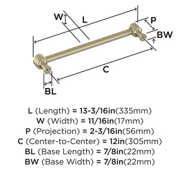 Amerock, Dupont Circle, 12" (305mm) Straight Appliance Pull, Golden Champagne - technical