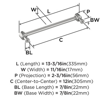 Amerock, Dupont Circle, 12" (305mm) Straight Appliance Pull, Polished Chrome - technical