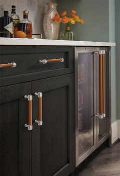 Amerock, Fairlane, 18" Straight Pull, Cognac Leather with Satin Nickel - installed 1