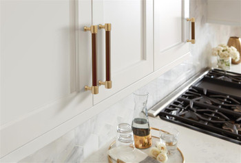 Amerock, Fairlane, 3 3/4" (96mm) Straight Pull, Brown Leather with Champagne Bronze - installed 1