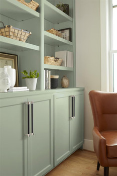 Amerock, Fairlane, 10 1/16" (256mm) Straight Pull, Black Leather with Polished Nickel - installed 1