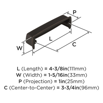 Amerock, Kane, 3 3/4" (96mm) Cup Pull, Oil Rubbed Bronze - technical