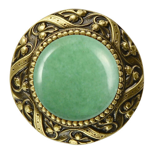 Notting Hill, Jewels, Victorian Jewel, 1 5/16" Round Knob, Antique Brass with Green Aventurine Natural Stone