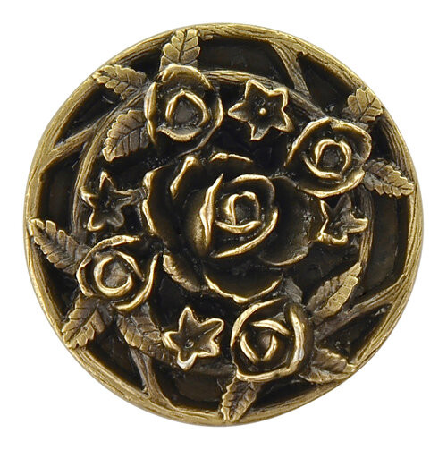 Notting Hill, Florals and Leaves, Saratoga Rose, 1 1/16" Round Knob, Antique Brass