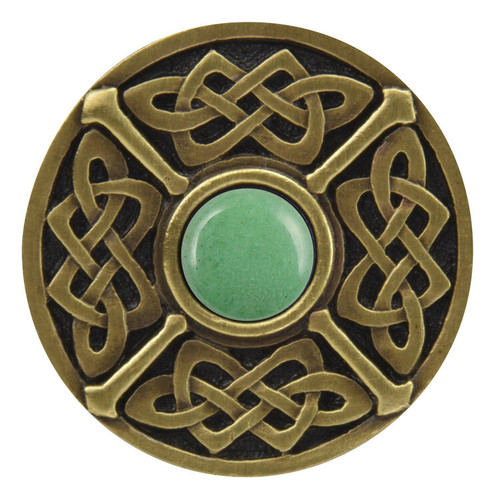 Notting Hill, Arts and Crafts Celtic, Celtic Jewel, 1 3/8" Round Knob, Antique Brass with Green Aventurine Natural Stone