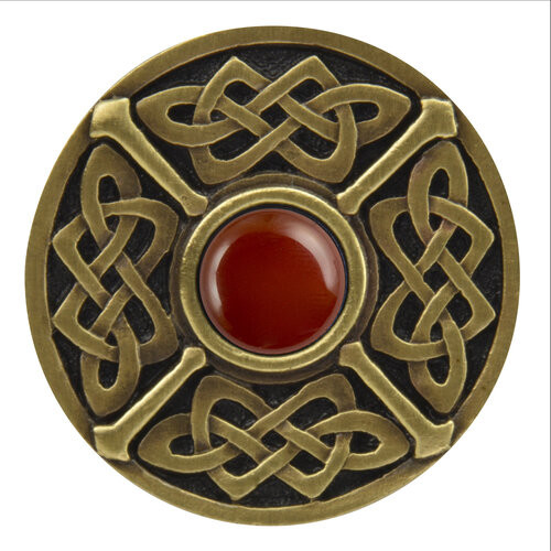 Notting Hill, Arts and Crafts Celtic, Celtic Jewel, 1 3/8" Round Knob, Antique Brass with Red Carnelian Natural Stone
