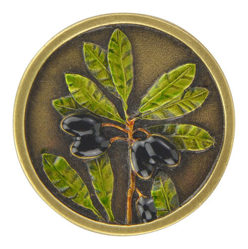 Notting Hill, Tuscan, Olive Branch, 1 5/16" Round Knob, Hand-Tinted Antique Brass