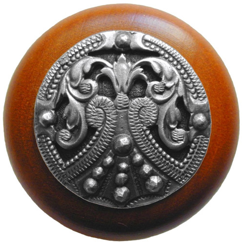 Notting Hill, Classic, Regal Crest, 1 1/2" Round Wood Knob, Antique Pewter with Cherry Wood Finish