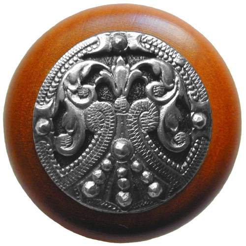 Notting Hill, Classic, Regal Crest, 1 1/2" Round Wood Knob, Brilliant Pewter with Cherry Wood Finish